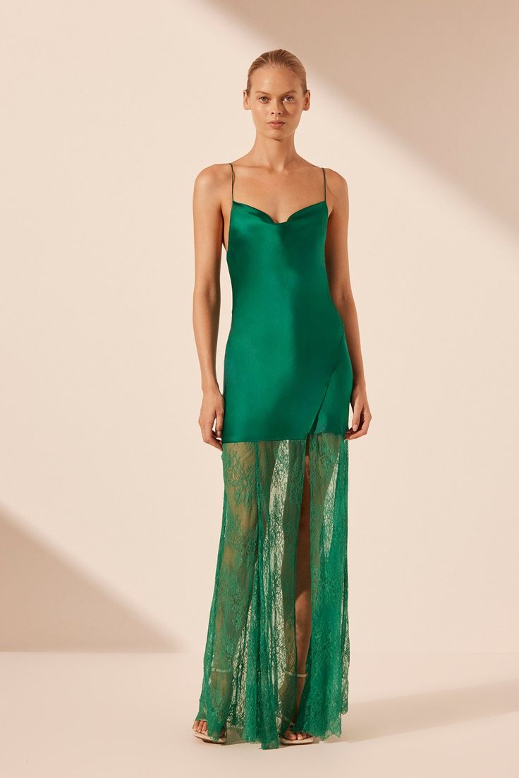 Cowl neck maxi dress with tie details in emerald green in a luxurious silk satin contrasted with a sheer lace. Shona Joy Dress, Dress Emerald Green, Maxi Lace Skirt, Emerald Green Dresses, White Cocktail Dress, Buy Dresses Online, Green Dresses, Shona Joy, Silk Lace