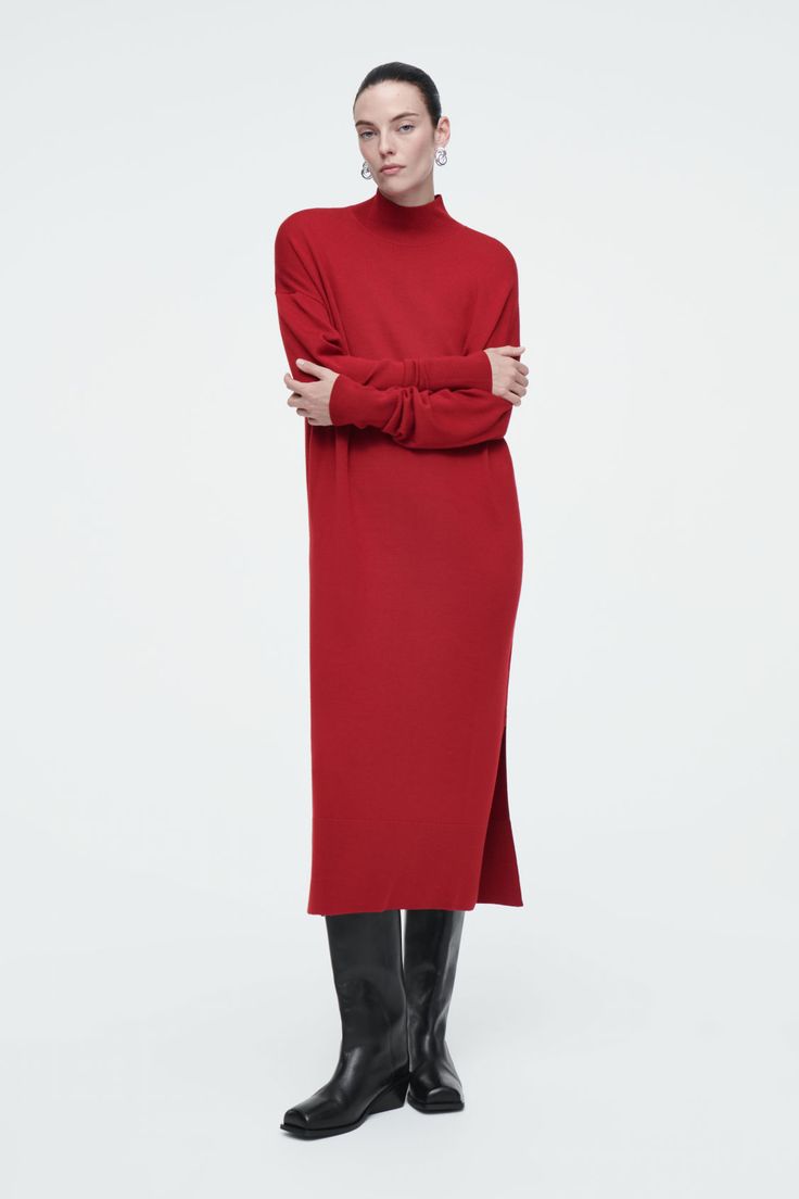 This maxi sweater dress offers a refined take on fall/winter knitwear. It's crafted from premium merino wool in a cherry-red tone and has a turtleneck, dropped shoulders and slits at the hemline. Regular fitRibbed trimsThis product contains Responsible Wool Standard TE-00047206 (RWS) wool fiber from farms certified to animal welfare and land-management requirements Shell: 100% Merino wool. Excluding trims / Machine wash Back length of size S is 47.63" / Model wears a size S Wool Sweater Dress For Fall, Turtleneck Wool Sweater Dress For Fall, Chic Cashmere Dress For Fall, Elegant Cashmere Dresses For Fall, Long Sweater Dress For Workwear In Fall, Fall Turtleneck Midi Dress For Workwear, Classic Long Fall Dresses, Elegant Long Sweater Dress For Fall, Formal Midi Length Sweater Dress For Fall