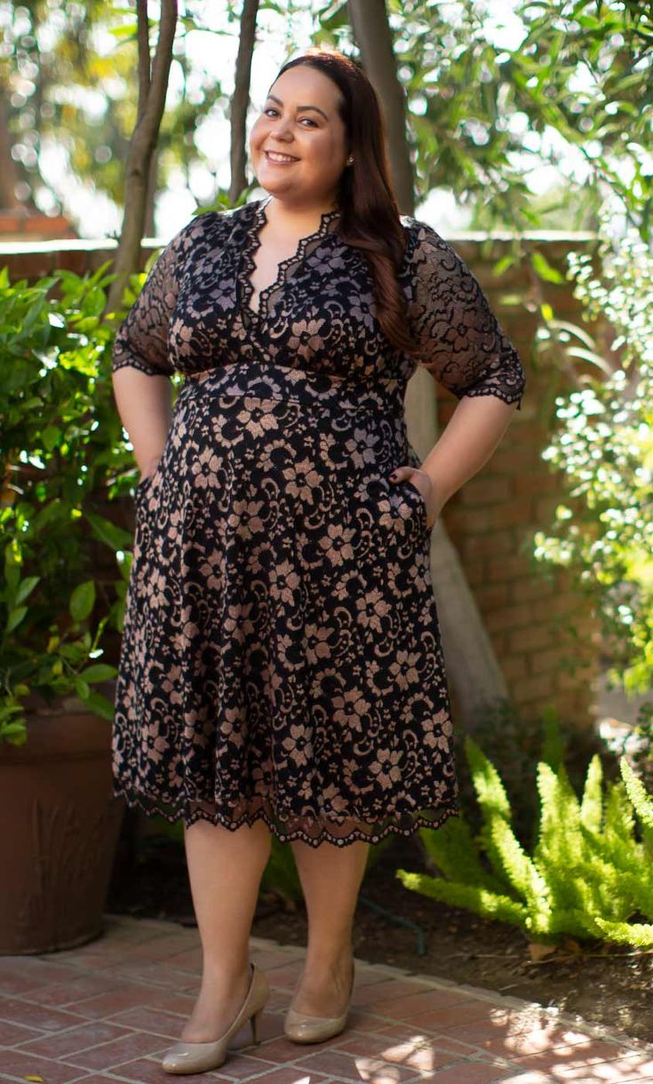 You'll feel beautiful and confident in our plus size Mon Cherie Lace Dress. This classic lace dress is designed with gorgeous stretch lace and is fully lined for comfort. 3/4 length sleeves give you coverage and a scalloped v-neckline and empire waist compliment your curves. Made exclusively in women's plus sizes.  Made in the USA. Shop our entire collection of plus size lace dresses at www.kiyonna.com. #plussizefashion #plussizedresses Elegant Evening Dresses With Pockets, Elegant Party Dresses With Pockets, Party Dress With Pockets And V-neck, V-neck Scalloped Lace Dress For Garden Party, Elegant Short Sleeve Dresses With Pockets, Elegant Fitted Dresses With Pockets, Knee-length Evening Dresses With Pockets, Scalloped Lace Dresses For Garden Party, Formal A-line Dresses With Pockets