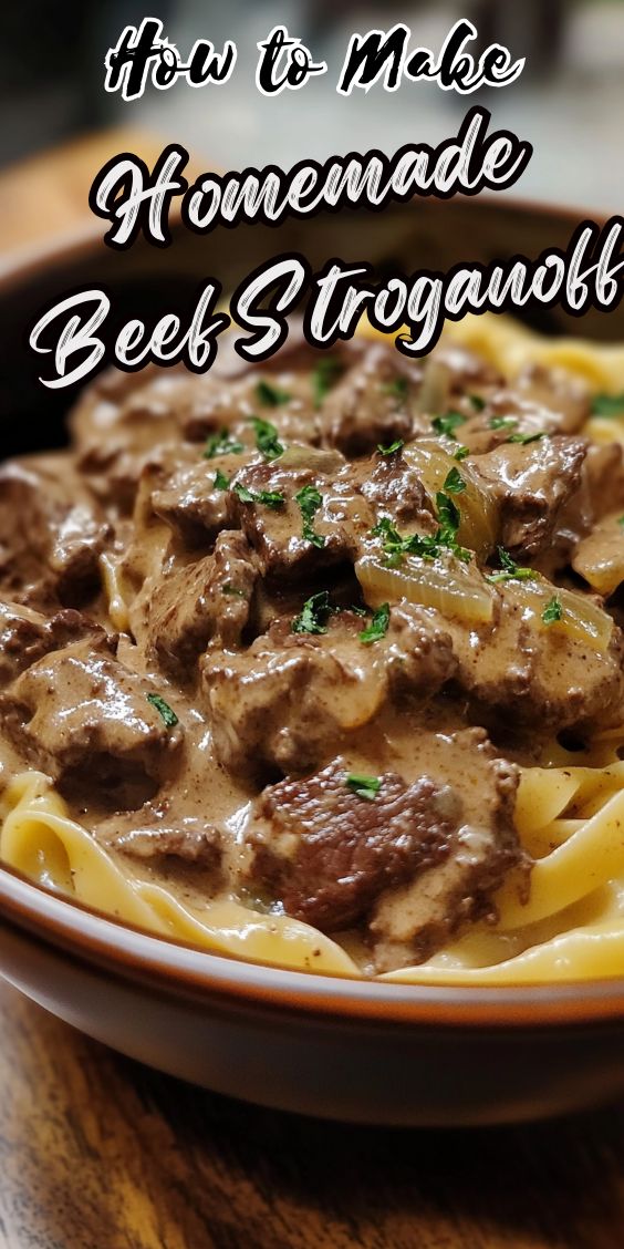 a plate of pasta with meat and gravy on it, text reads tips to make homemade homemade beef stroganoni