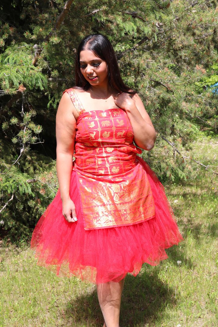 Red and Gold Ball Gown Prom Dress with Animal And Bird Print Work, tulle prom party dress , Red Birthday Party Dress, Gift for her Fabric : Saree Brocade, cotton lining,  Bottom:  Tulle Net Above knee Color : Red and gold  Pack of : 1 piece Size : Medium  This Dress is designed and constructed by RamyaPeriDesigns top designer made to fit any body type. The idea behind RamyaPeriDesigns is to connect the two worlds together through fashion. The Dress is available in sizes Only M Size  Thank you Red And Gold Ball Gown, Gold Ball Gown, Party Dress Red, Red Birthday Party, Ball Gown Prom Dress, Red Birthday, Gown Prom, Birthday Party Dress, Prom Dresses Ball Gown