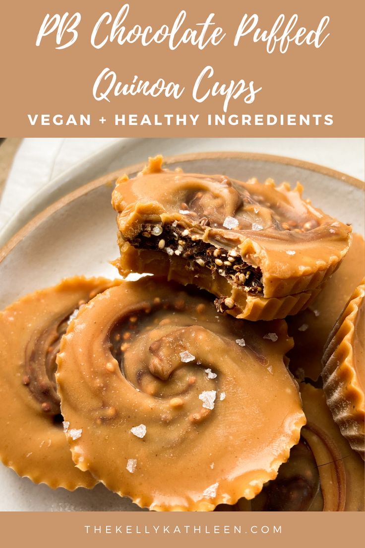 three chocolate puffed quinoa cups on a white plate with text overlay