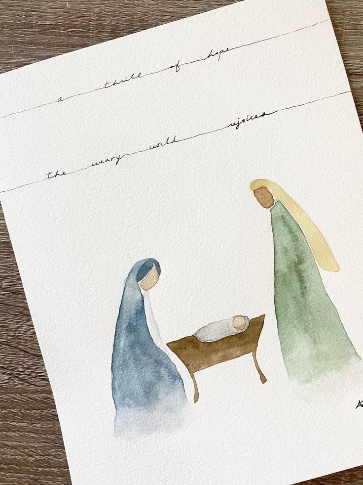 a watercolor painting of three nativity scene with the birth of jesus