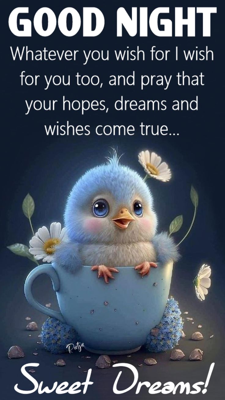 a blue bird sitting in a cup with daisies on it's side and the words, good night