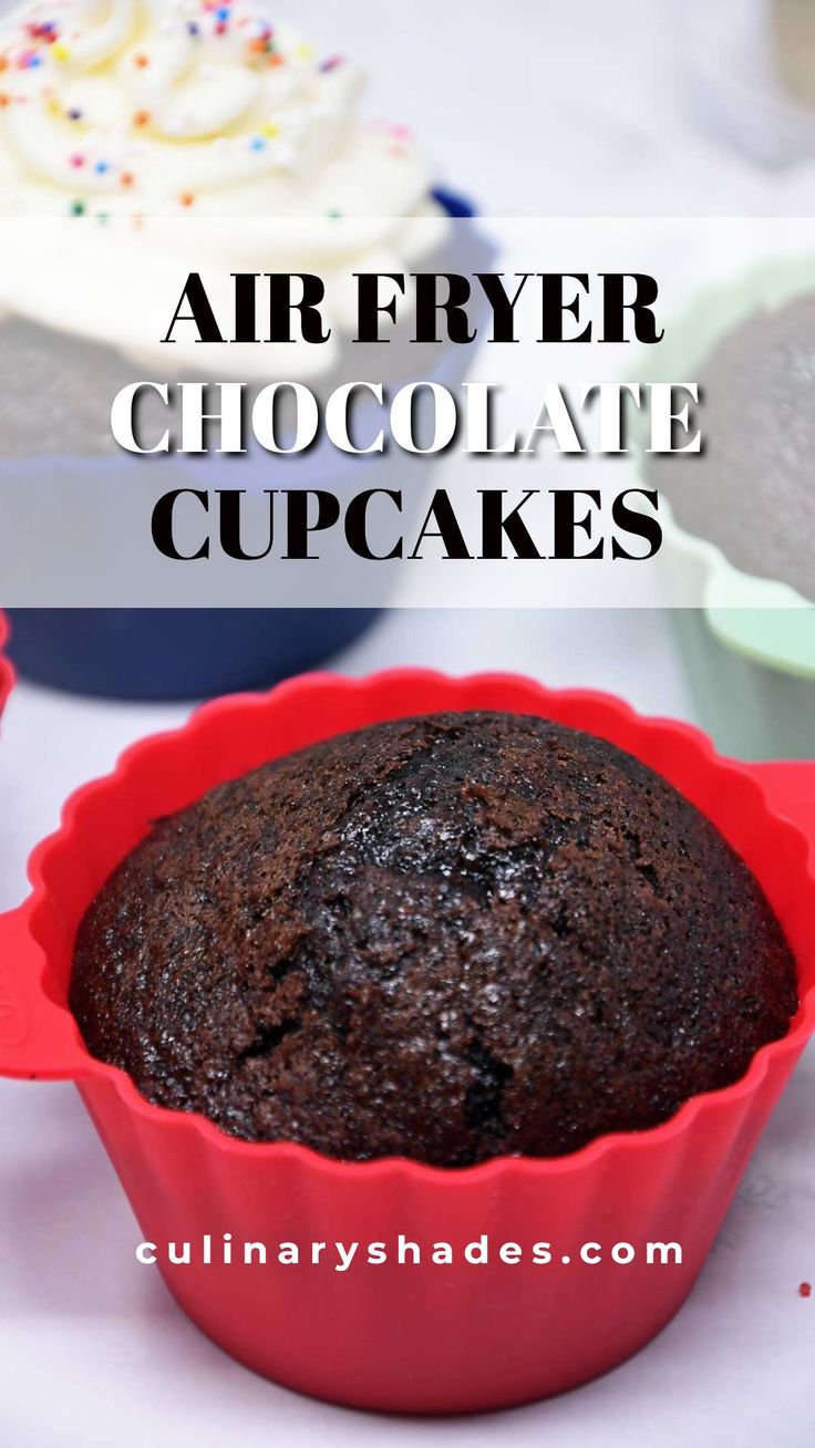 an air fryer chocolate cupcake in a red pan