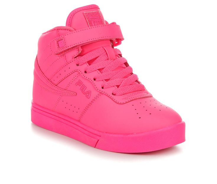 Synthetic upper with padded collar and fabric lining, High-top design with adjustable Velcro strap and lace-up closure, Absorbent fabric lined insole, Durable rubber midsole and outsole with traction design, Fila® branding details | Girls' Fila Little Kid & Big Kid Vulc 13 Knockout High-Top Sneakers in Pink/Pink/Pink Size 6 - Big Kid Athletic Girls, Shoe Carnival, Girls Sneakers, Velcro Straps, Big Kids, Trend Setter, High Tops, High Top Sneakers, Lace Up