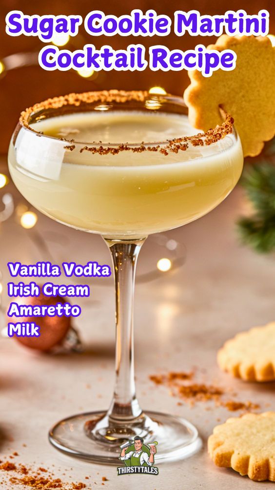 the cover of sugar cookie martini cocktail recipe by vanilla vodka, irish cream and amaretto milk