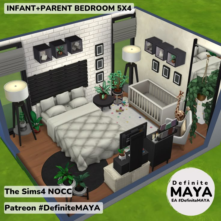 an image of a bedroom in the sims 4 nocc version with furniture and decor