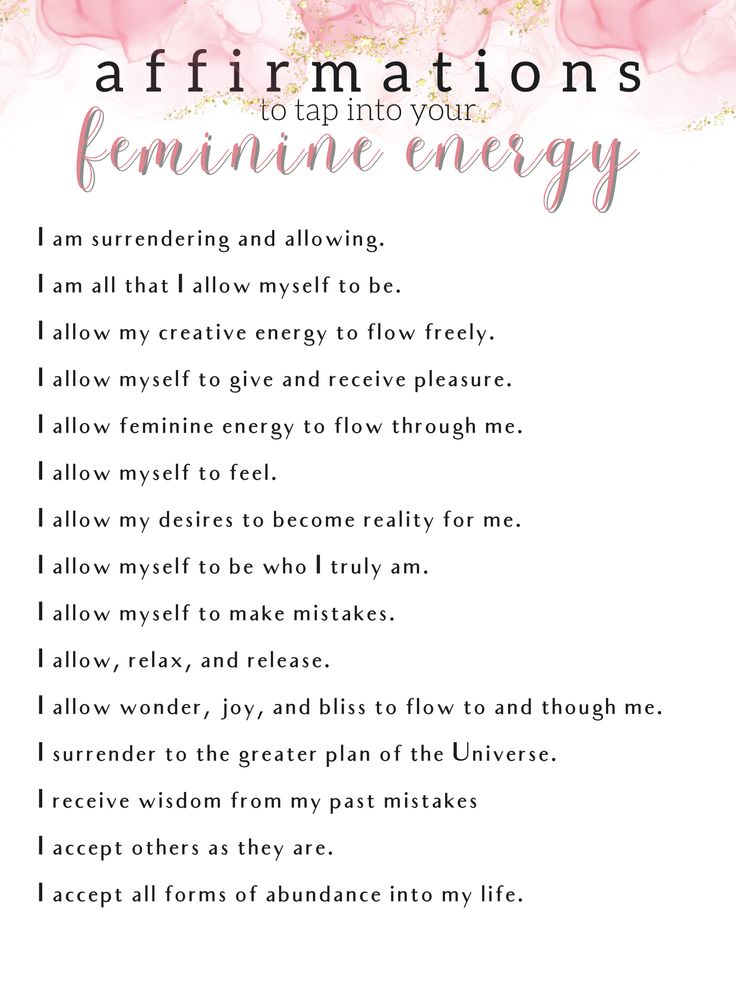 an affirmation poem with pink flowers and the words feminine energy written on it