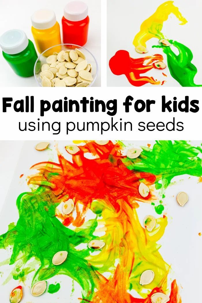 fall painting for kids using pumpkin seeds and acrylic paint to make their own art project