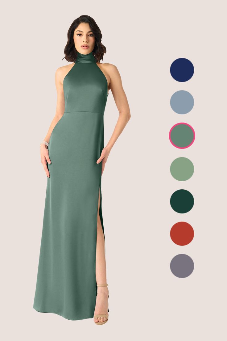 a woman in a long green dress with high slits and side split, standing next to color swatches