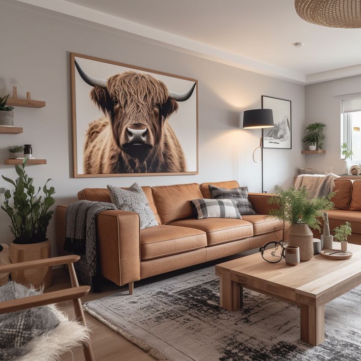 a living room filled with furniture and a cow painting on the wall above it's head