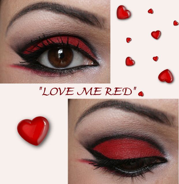 Red Eyeshadow Tutorial, Black Harley Quinn, Hearts Makeup, Queen Of Hearts Makeup, Fantasy Make-up, Harley Quinn Makeup, Red Eye Makeup, Red Eyeshadow, Red Makeup