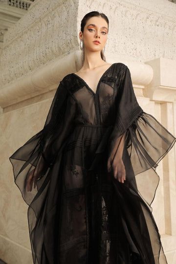 Annie Straight V-Neck Organza Maxi Dress | MEAN BLVD Black Robe Aesthetic, Faerie Wedding, Organza Maxi Dress, Shadow Realm, Mean Blvd, Earthy Outfits, Modest Clothing, Beaded Handbag, Dress Clothes