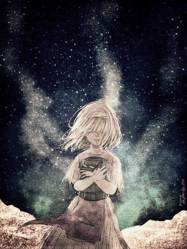 a drawing of a girl standing in front of the night sky with her arms crossed