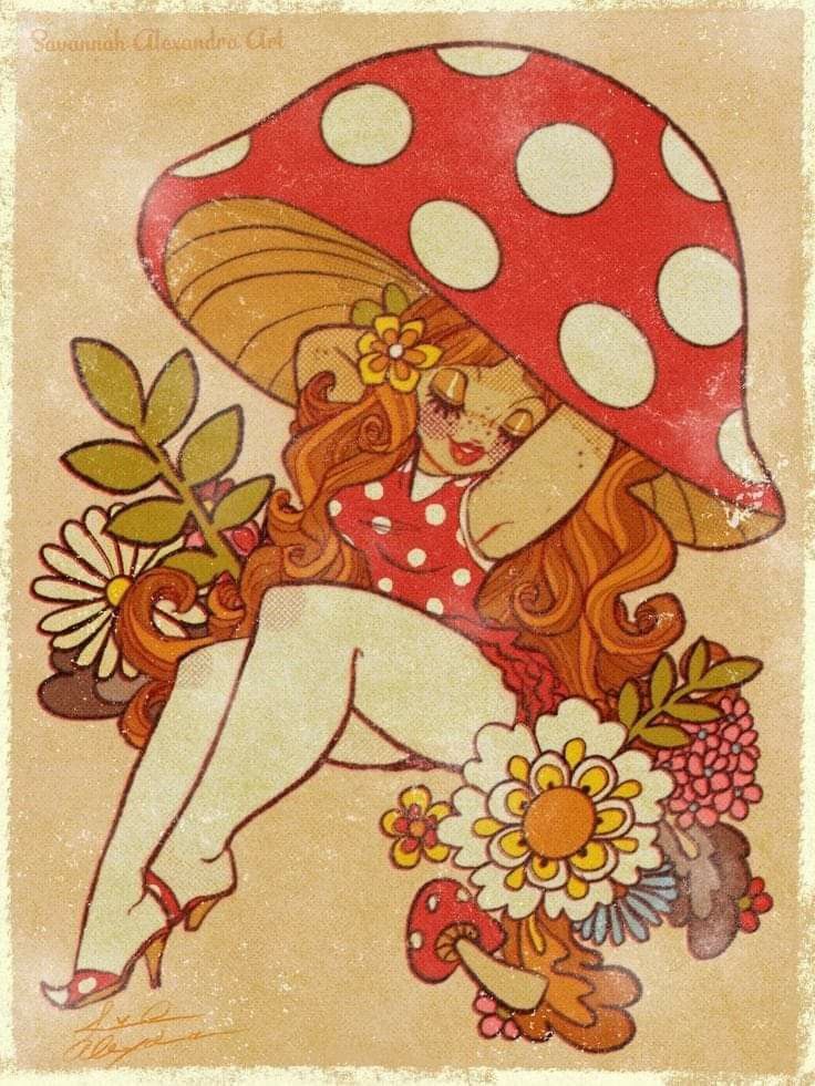 a painting of a woman with a mushroom on her head and flowers in her hand