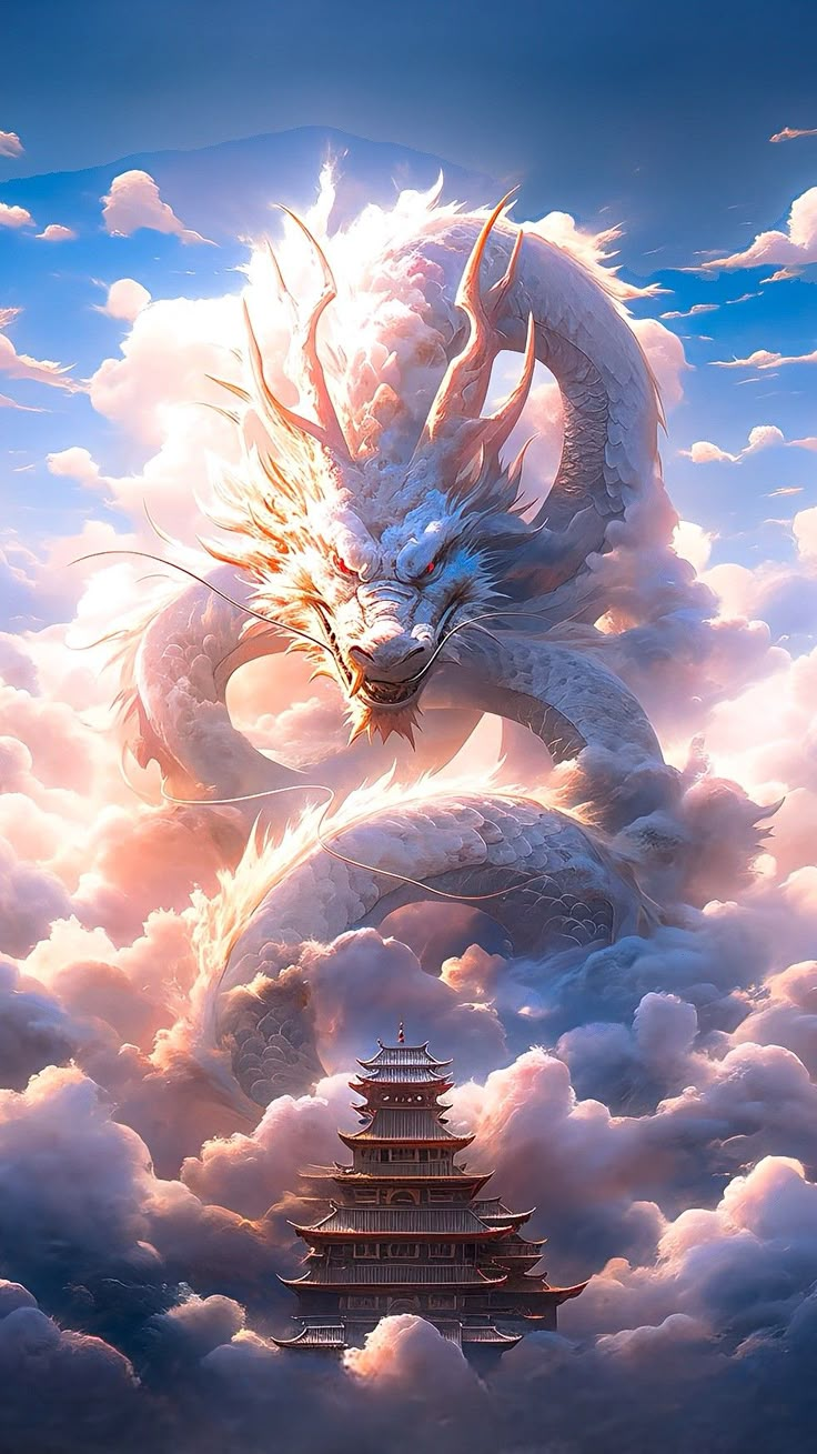 a white dragon is flying over the clouds