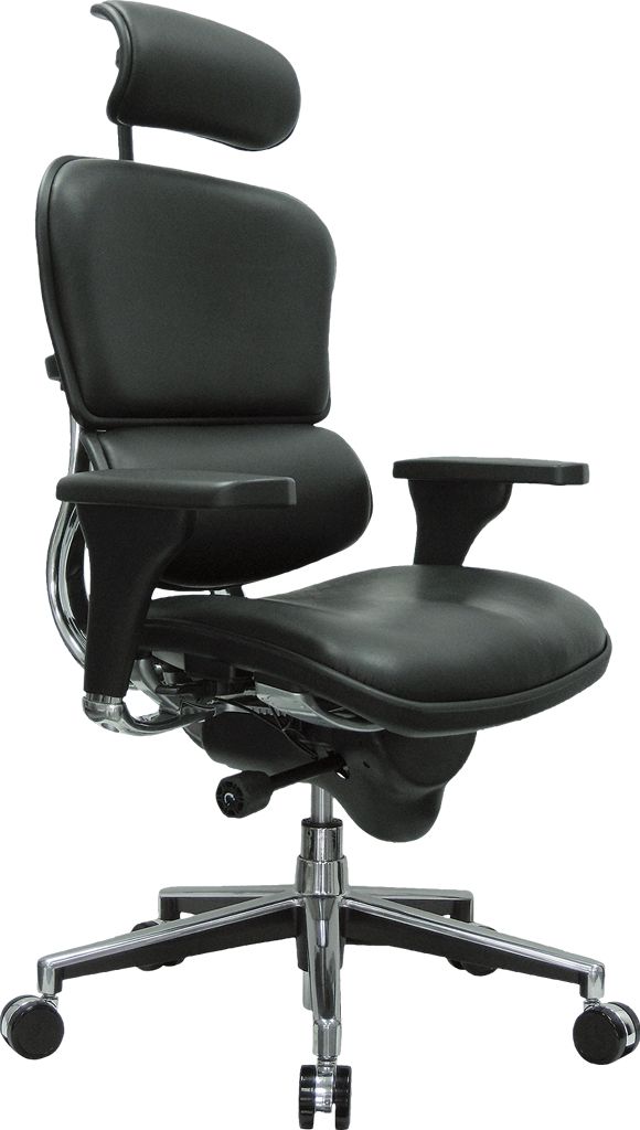 an office chair with black leather upholstered on the back and armrests