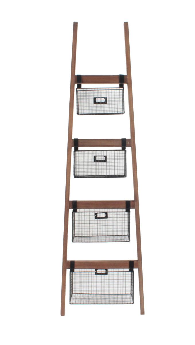 three baskets on a wooden ladder against a white background, with the bottom section open