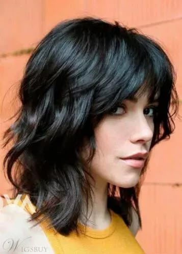 100% Human Hair New Fashion Beautiful Medium Black Wave Women's Wigs | eBay Corte Shag, Medium Shaggy Hairstyles, Medium Hair Styles For Women, Shaggy Haircuts, Medium Hair Cuts, Medium Length Hair, Medium Length Hair Cuts, Hair Today, Cortes De Cabello