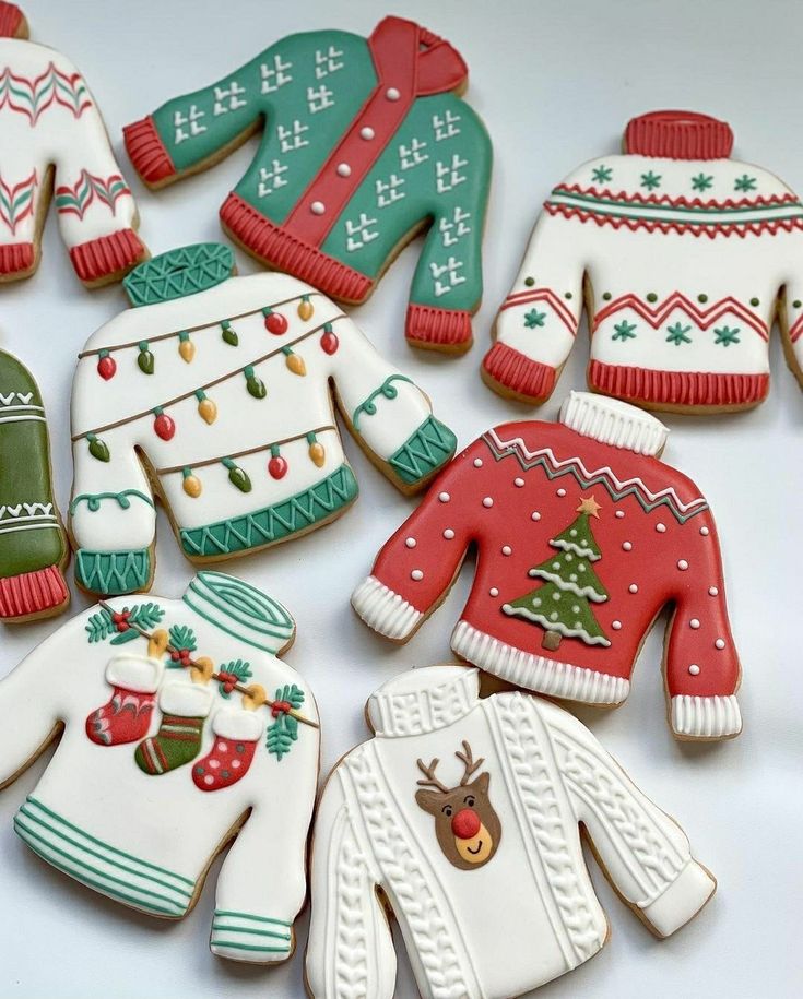 decorated christmas cookies with ugly sweaters and mittens