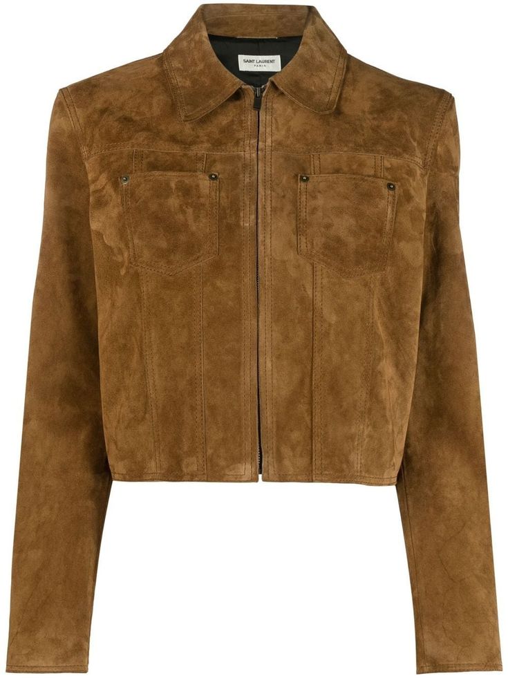 tobacco brown calf leather tonal stitching classic collar front zip fastening long sleeves two chest patch pockets straight hem cropped Suede Jacket Outfit, Jacket Outfit Women, Designer Leather Jackets, Lambskin Jacket, Brown Suede Jacket, Leather Blazer, Suede Jacket, Leather Jackets Women, Faux Leather Jackets