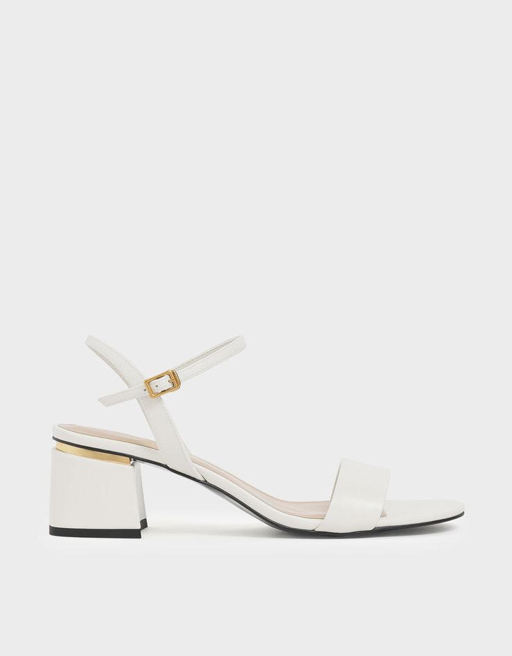 White Block Heel Sandals, Charles And Keith, White Block Heels, Ankle Strap Block Heel, Classy Shoes, Bottom Jeans, Faux Leather Heels, Block Heel Sandals, Brown Handbag