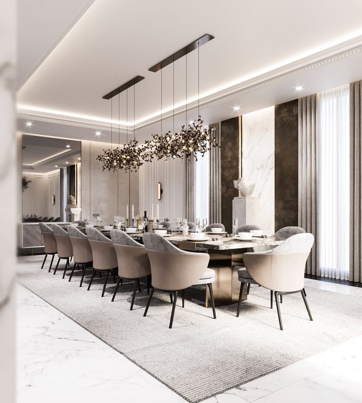 an elegant dining room with marble floors and white walls