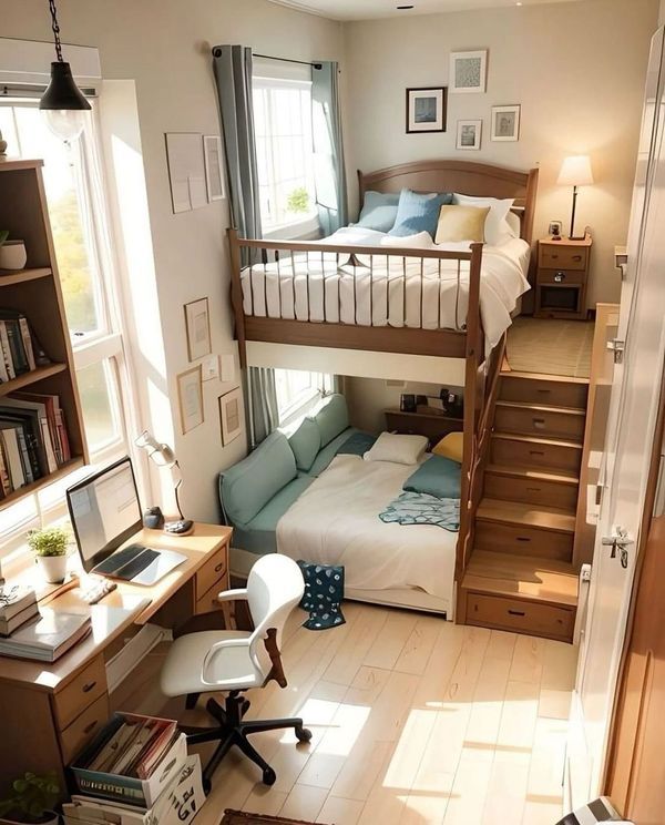 a bedroom with a bunk bed and desk in it