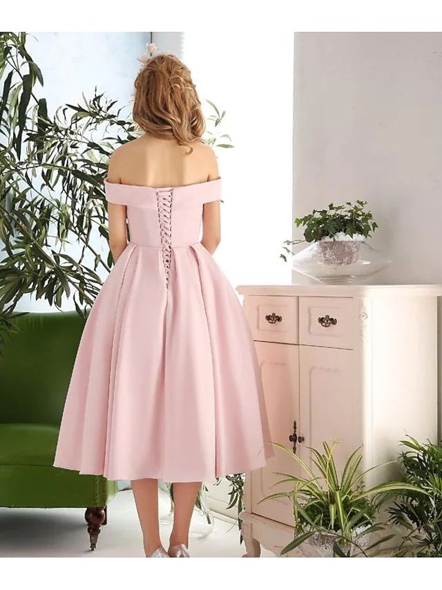 A-Line Elegant Vintage Engagement Cocktail Party Dress Off Shoulder Sleeveless Tea Length Stretch Fabric with Pleats Engagement Cocktail Party, Girly Closet, Romantic Lifestyle, Vintage Pink Dress, Selection Series, Dress Engagement, Vintage Formal Dresses, Robes Vintage, Shoulder Stretch