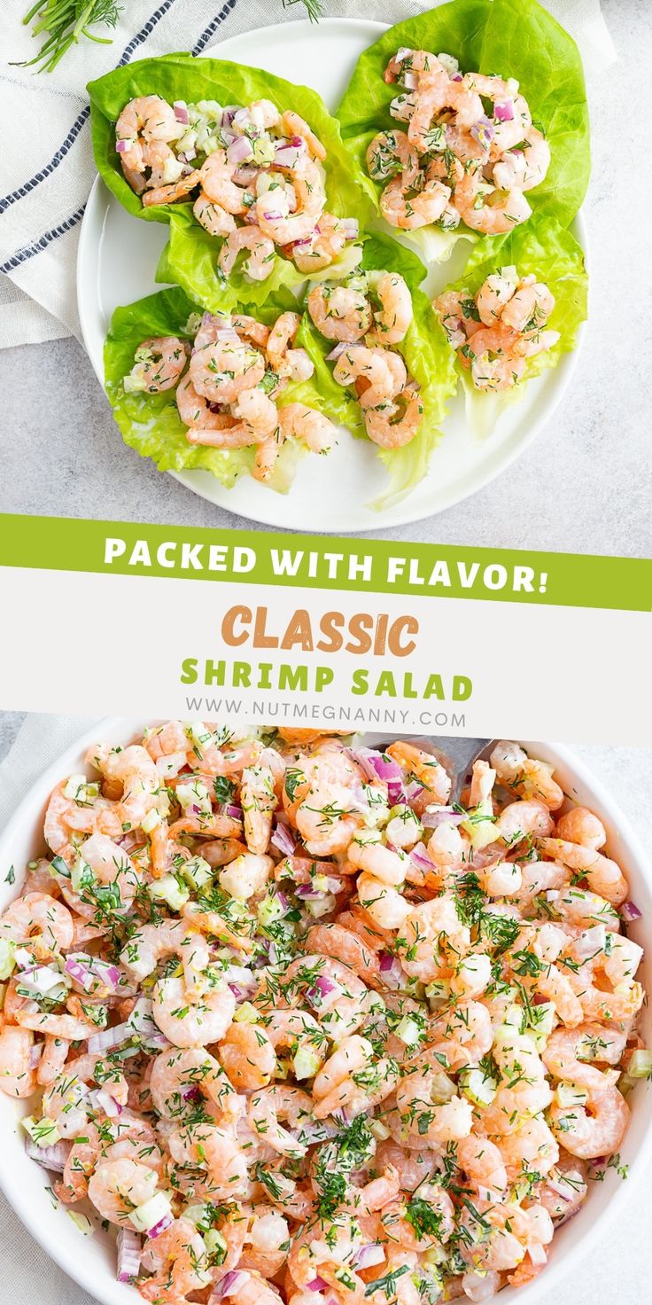 shrimp salad in lettuce leaves on a white plate with the title, packed with flavor classic shrimp salad