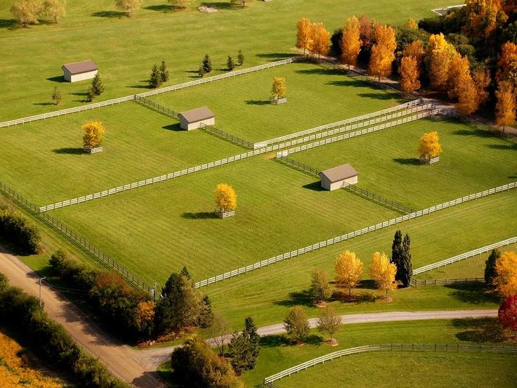 an aerial view of a green field with trees in the background and houses on either side