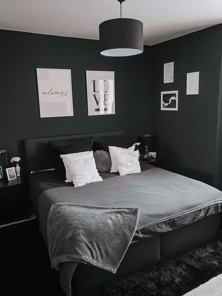 This dark room aesthetic carries cozy, yet stylish pieces for anyone who likes it! Mens Dark Room Ideas Bedrooms, Best Room Colors Bedrooms For Men, Black And Grey Walls Bedroom, Grey Black Room Bedroom, Black And Grey Mens Bedroom, Black White And Grey Bedroom Ideas Men, Black And Grey Minimalist Bedroom, Black And White Mens Bedroom, Grey Room Ideas Bedroom Men