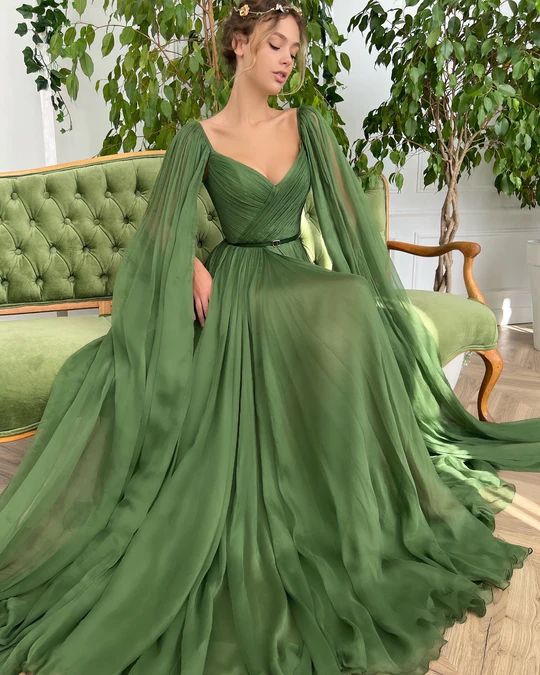 Draped Royal Olive Gown | Teuta Matoshi Long Party Gowns, Split Prom Dresses, Nature Dress, Evening Dresses With Sleeves, Chiffon Evening Dresses, Performance Dresses, Evening Gowns Elegant, Prom Dresses Vintage, Maxi Gown Dress