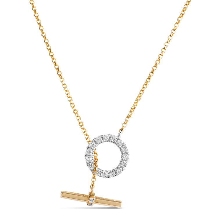 A classically stylish combination of diamonds and yellow gold in a versatile design make this toggle necklace an easy choice for effortless fashion. The 18-inch gold chain features a circular pendant with sparkling pave diamonds and a diamond accented gold toggle bar. This piece is made to wear and love for a lifetime. Elegant Toggle Necklace With Round Pendant, Formal Yellow Gold Round Toggle Necklace, Elegant Round Toggle Necklace With Cable Chain, Slider Necklace, Effortless Fashion, Toggle Necklace, Circle Diamond, Jewelry Cleaner, Cleaning Jewelry