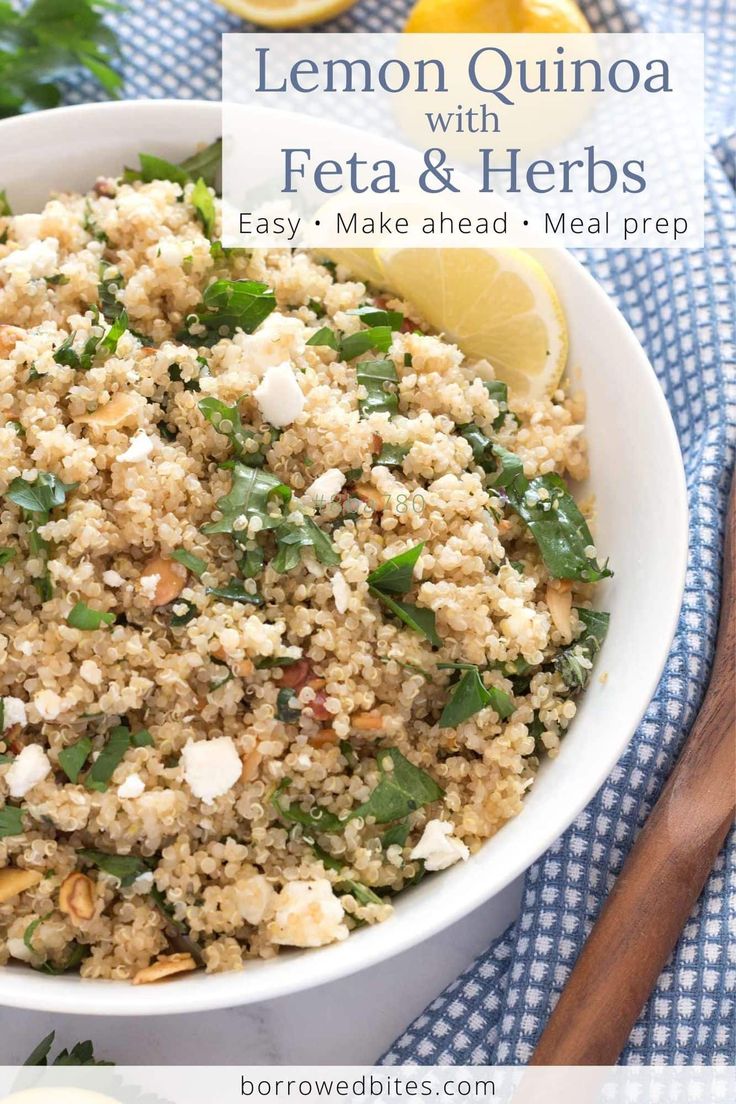 lemon quinoa with feta and herbs in a white bowl