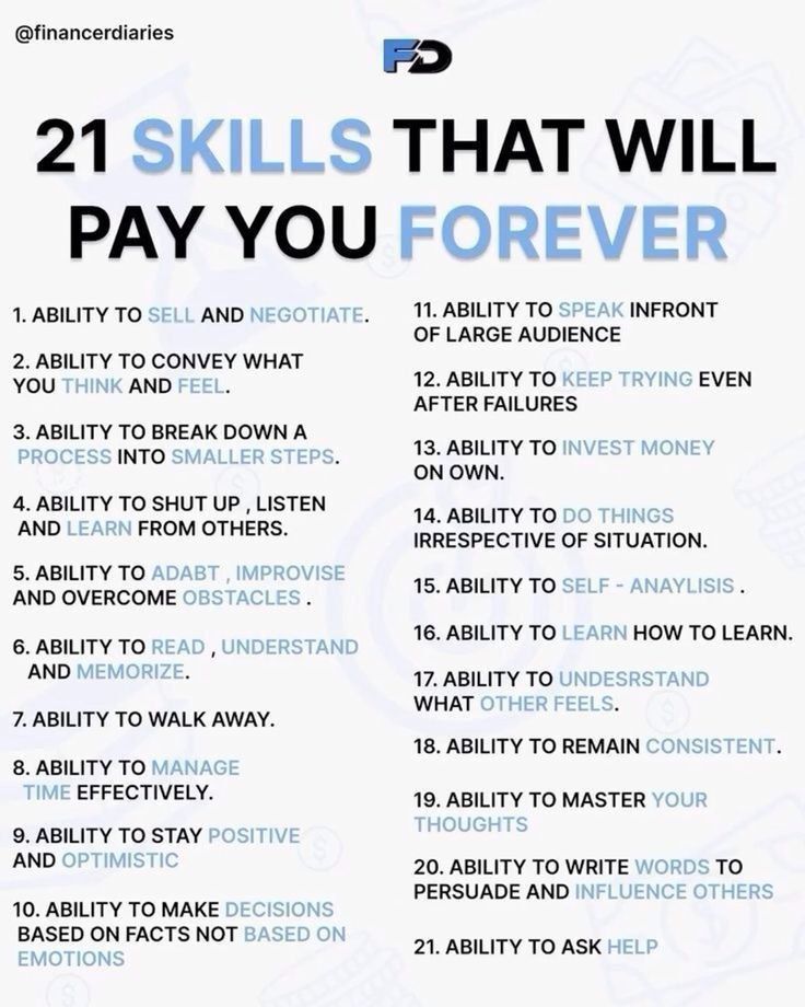 a poster with the words 21 skills that will pay you forever in blue and white