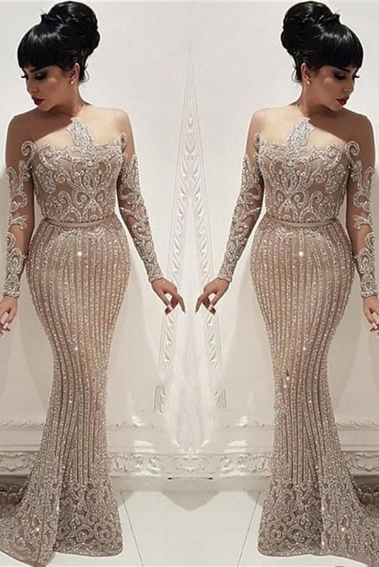 Luxury Beading Crystal Prom Dresses Long Illusion Long Sleeve Mermaid Formal Party Dresses Formal Dresses Mermaid, Crystal Prom Dress, Dresses Beige, Braut Make-up, Elegant Prom Dresses, Elegant Maxi Dress, Long Sleeve Evening Dresses, Formal Party Dress, Women's Evening Dresses