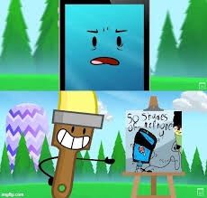 a cartoon character holding a paintbrush in front of an image of a cell phone