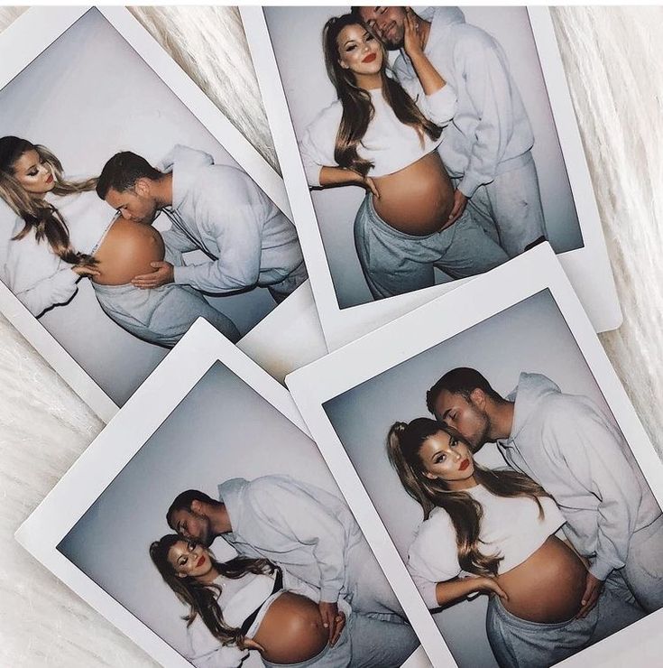 four polaroid photos of a pregnant woman and man with their arms around each other