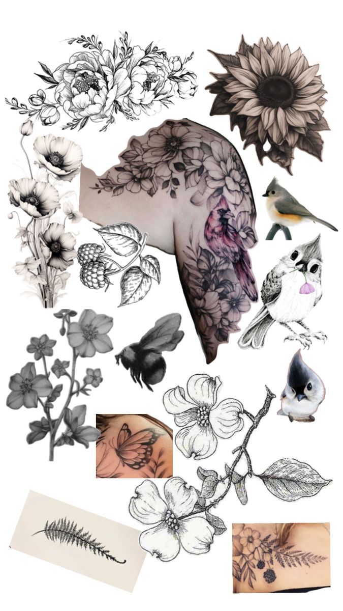 some tattoos and flowers on a white background