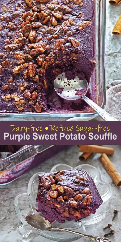 purple sweet potato souffle in a glass dish