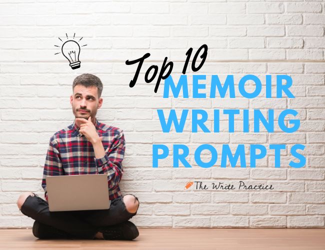 a man sitting on the floor with his laptop in front of him and text overlay that reads top 10 memory writing prompts