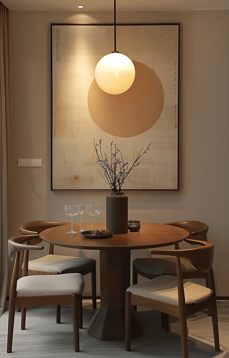 a dining room table with chairs and a vase on it