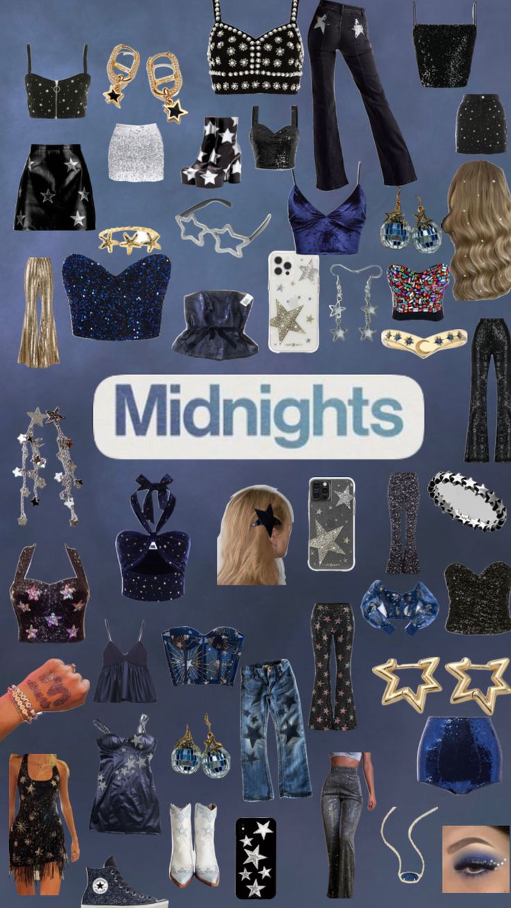 the cover of midnight nights, with many different types of clothes and accessories on display