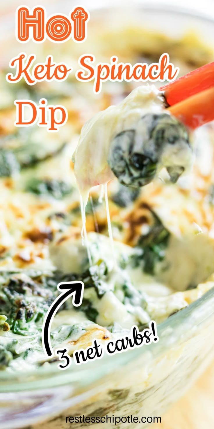 hot keto spinach dip with text overlay