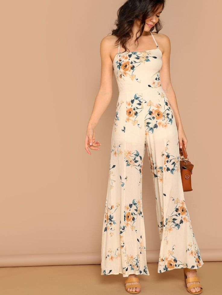 Square Neck Floral Print Wide Leg Jumpsuit -SHEIN(SHEINSIDE) Bachelorette Jumpsuit, Fancy Jumpsuit, Bridesmaids Jumpsuits, Midi Jumpsuit, Bohemian Pants, Floral Composition, Floral Bridesmaid, Jumpsuit Outfit, Boho Skirts