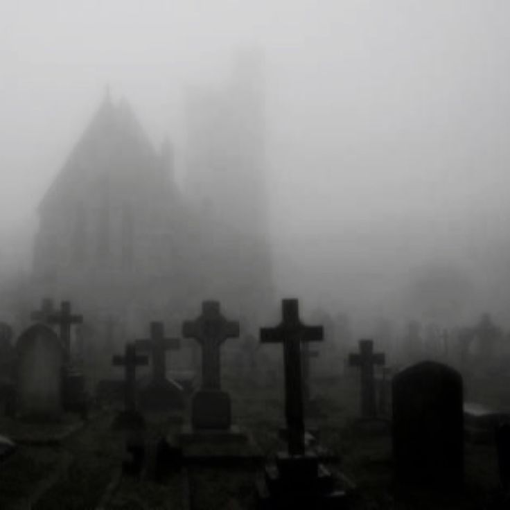 fog covers the cemetery in front of an old church