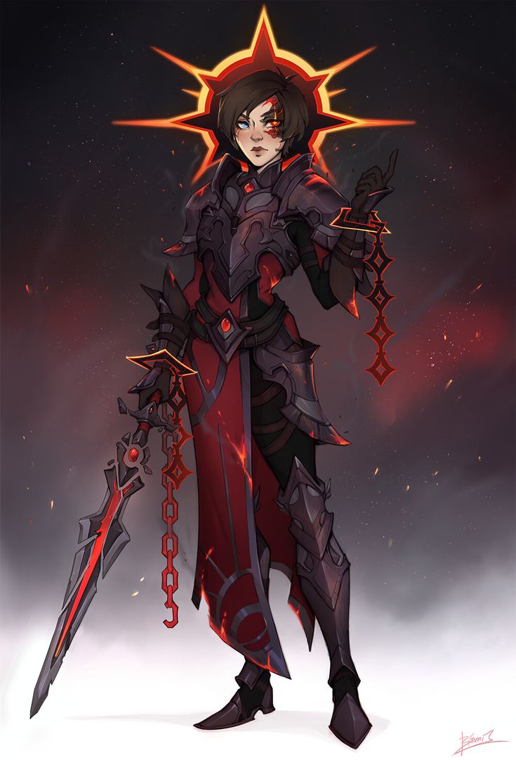 the character is dressed in armor and holding two large swords, with red lights on their head