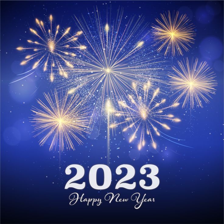 happy new year card with fireworks on blue background